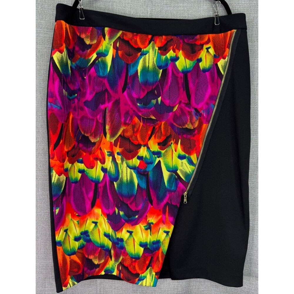 Worthington Woman Size 20W Bright Feather Print Pencil Skirt Black Multicolor